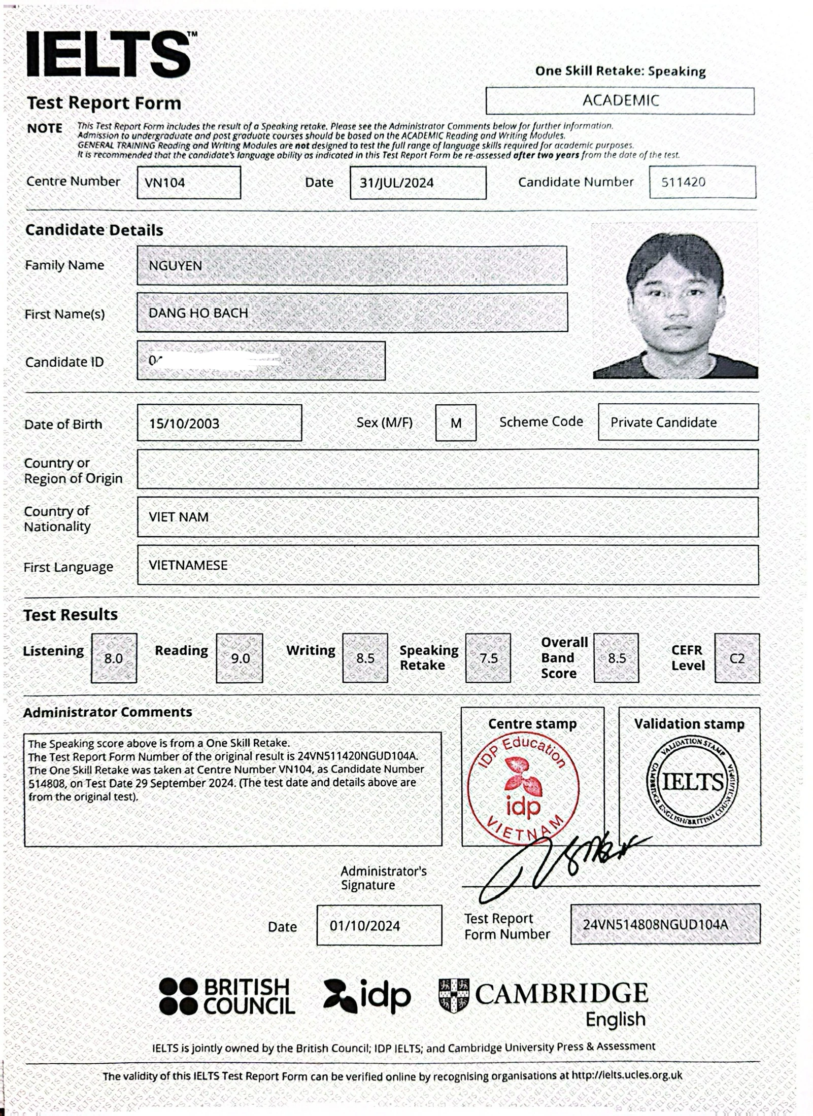 Bằng IELTS Thầy Bách